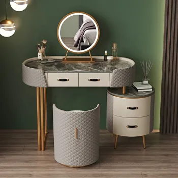 Slate Dressing Table with Mirror and Stool for Modern Bedroom Storage