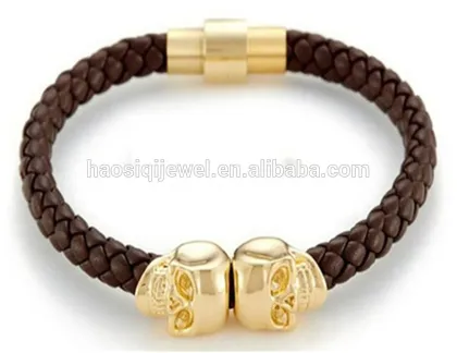 2018 black plated the north skull metal charm black leather men skull bracelet for wholesale