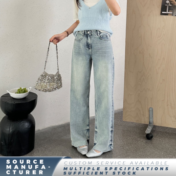 Women Light Wash Frayed Wide Leg Jeans
