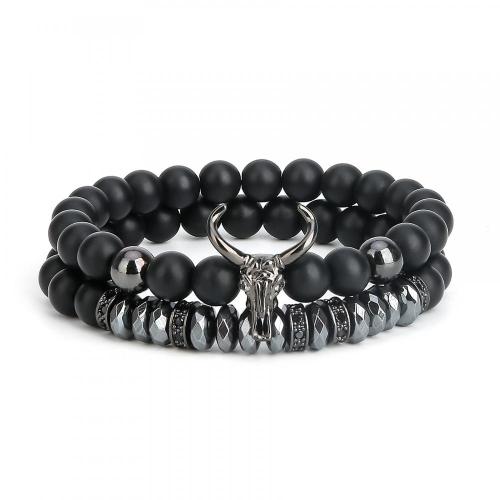 Punk CZ Bull Head Skull Men Bracelet Fashion ox Matte Onyx Stone Beads Charm Bracelets Bangles Macrame Strand Jewelry