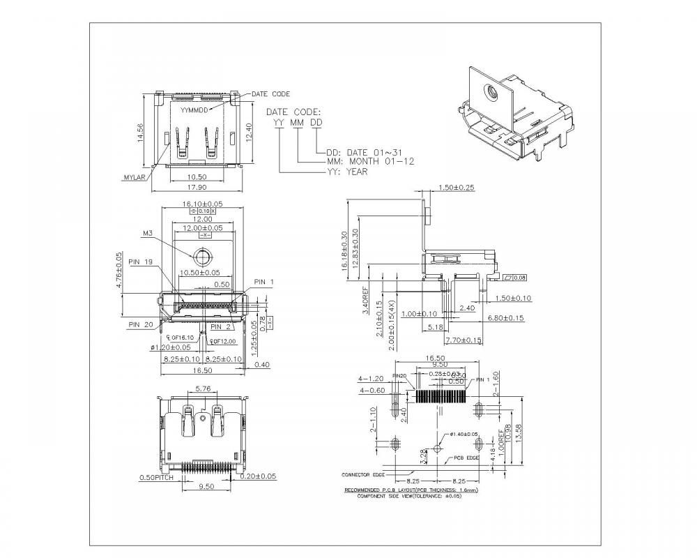 M3ネジ穴を備えたポートSMTを表示、脚2.0mm