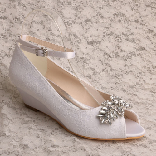 Weiße Spitze Prom Wedge Schuhe für Frauen Hochzeit