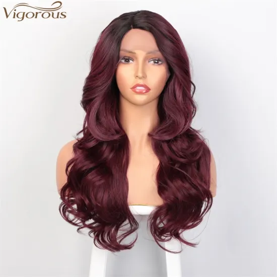 Vigorous Wholesale Lace Frontal Long Body Wavy Synthetic Wigs For Black Women Ombre Red Color High Temperature