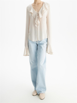 100% Viscose Cream Ruffle Collar and Cuff Top