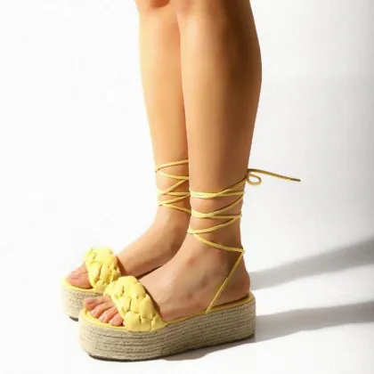 Large Hemp Woven Thick Soled Sandals - New Summer Style Lace Up Flat Sandals for Women