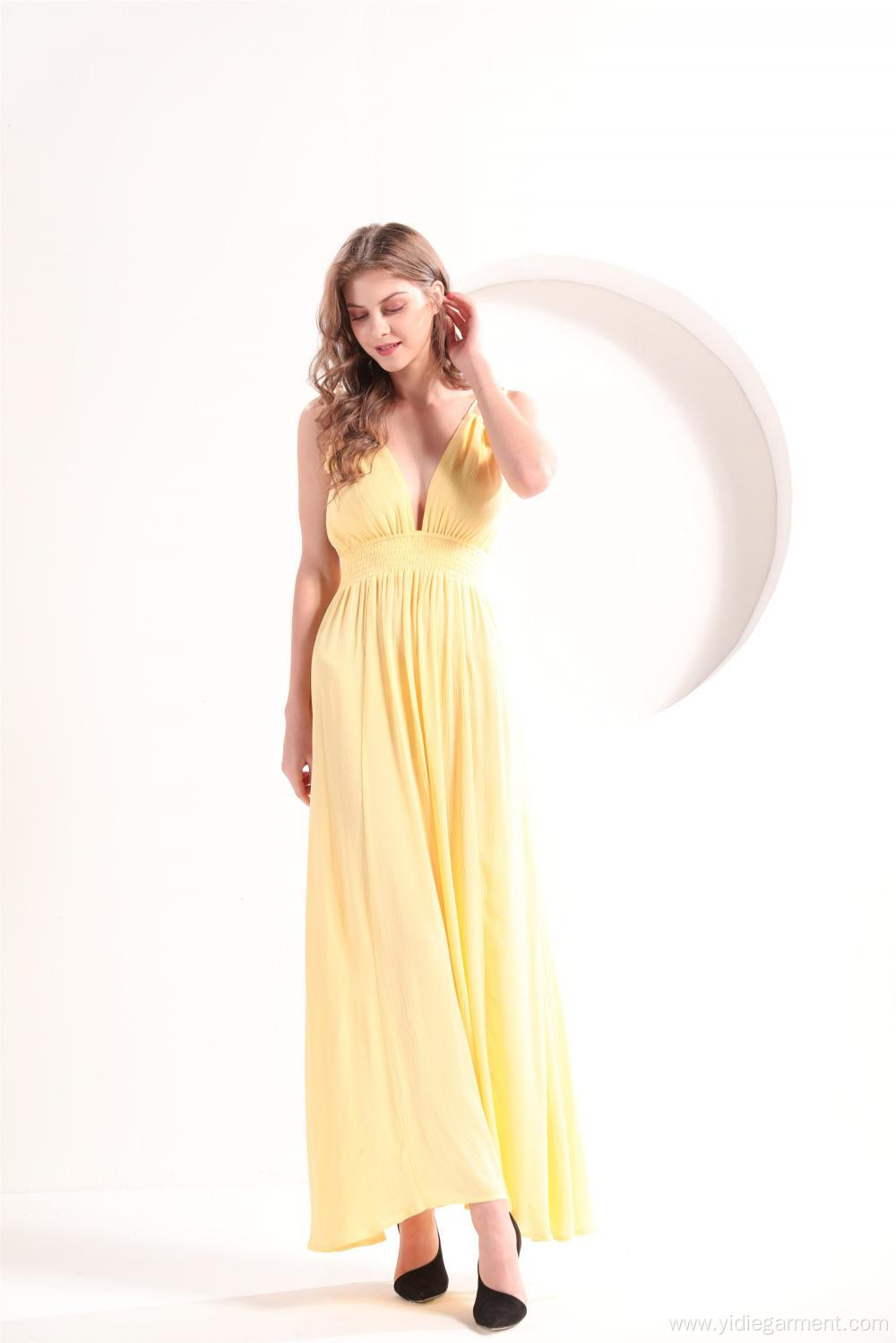 Ladies' Plunging V-neckline Yellow Dress