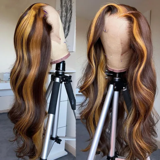 Highlight Cuticles Aligned Brazilian Virgin Human Hair Lace Frontal Wigs, Remy Wavy Human Hair PrePlucked Highlight Lace wigs