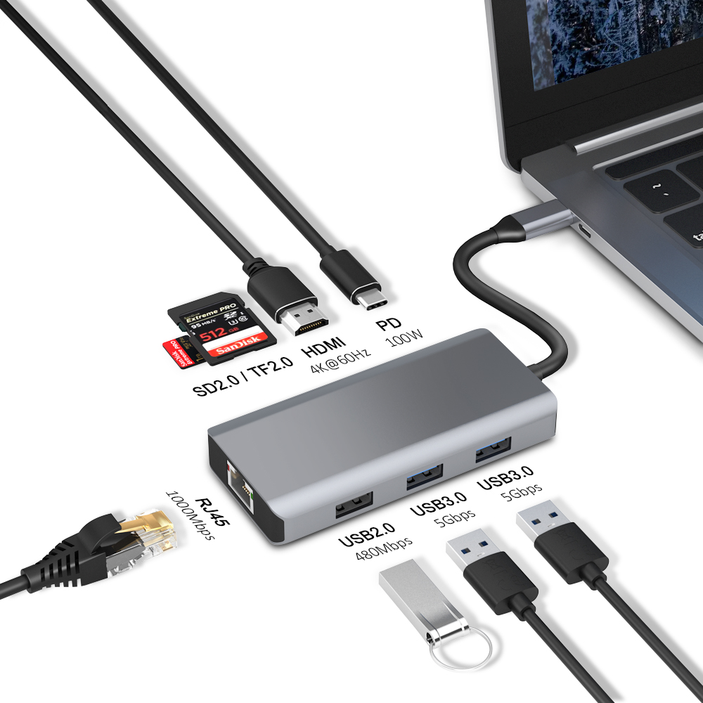 8in1 Typ-C-Hub-Adapter mit HDMI RJ45