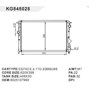 auto radiator car:ESPACE 2.1TD 20668J8S OEM:6025107990
