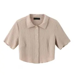 Woven Brown Crinkle Short Sleeve Button Down Shirt