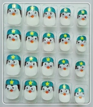 2015 hot sale eco friendly kids cartoon penguin glitter eye fake Nails set