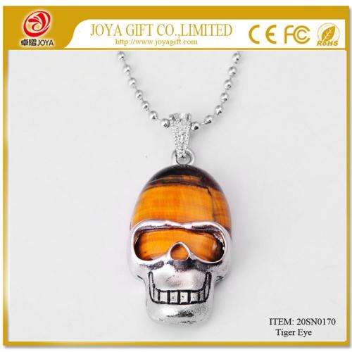 Tiger Eye Semi Precious Stone Skull Pendant Necklace