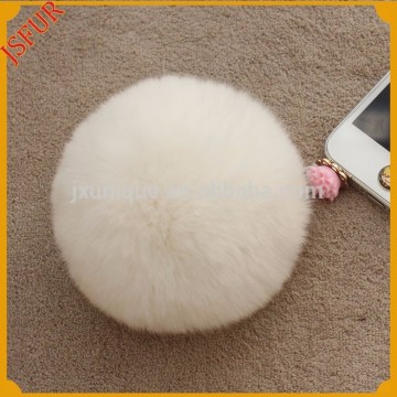 Custom colorful phone dust plug accessory with real rex rabbit fur pom poms wholesale phone dust plug
