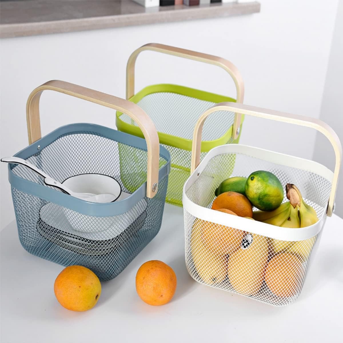 Fruit Basket Bin with Wood Handle