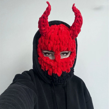 Custom Distressed Knitted Crochet Balaclava with Skull, Printed Bunny Ears, and Horns