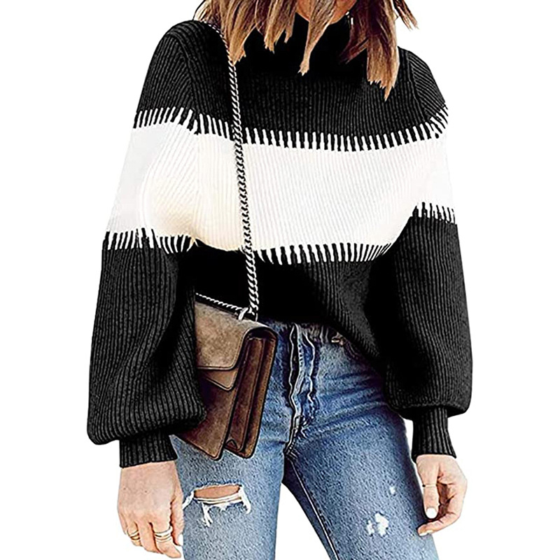 Womens Turtleneck Colorblock Striped Chunky Pullover