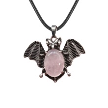 Rose Quartz 13X18mm Cabs Antique Silver Alloy Antique Silver Alloy Bat Pendant Necklace 45cm Black Cord