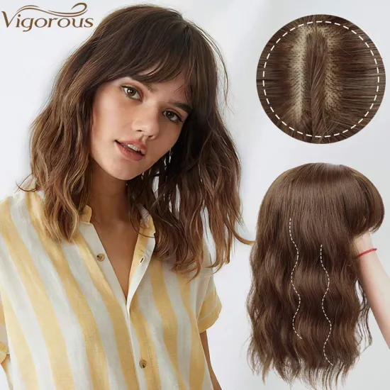 Women Clip In Extensions 4x5inch Topper Hairpiece Invisible Replacement Seamless Synthetic Hair Water Ripple Hair with Air Bangs