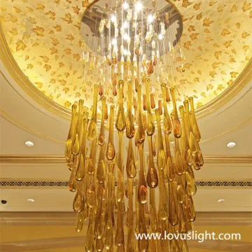 2021 large custom golden yellow crystal bead curtain long art luxury chandelier for shopping malls