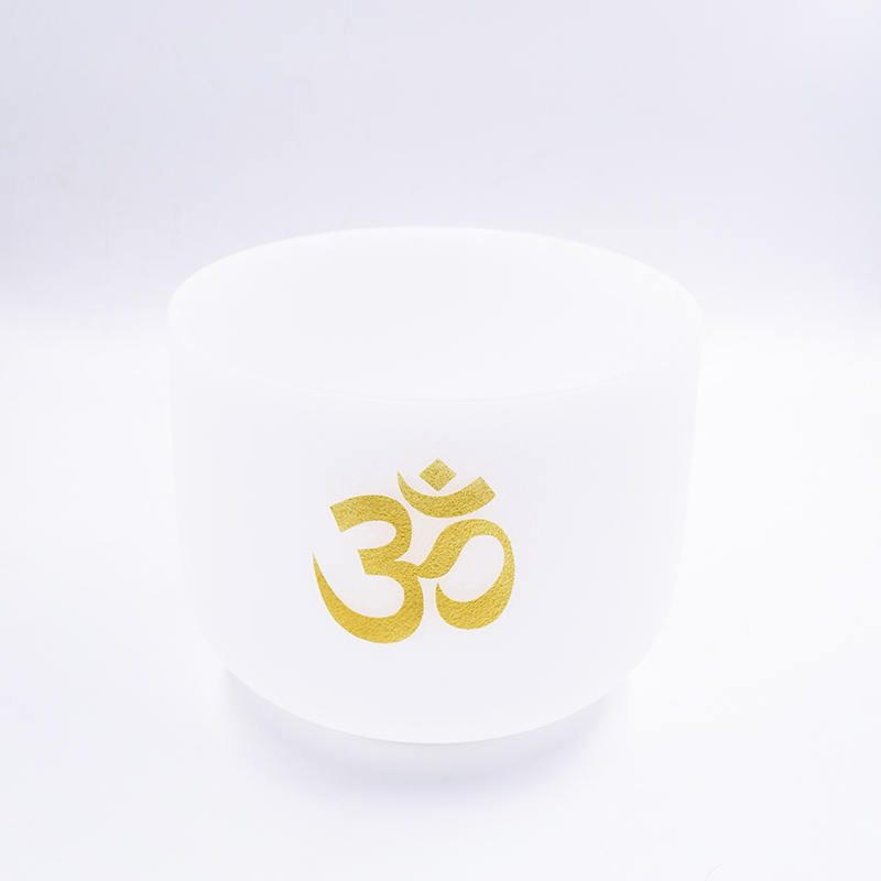 White Frosted Crystal Singing Bowl OHM Symbol