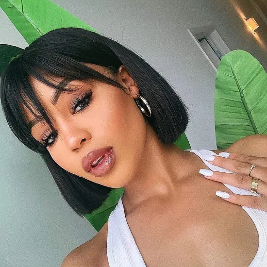 Straight Bob Human Hair Wigs With Bang No Lace Full Machine Made Wigs Brazilian Remy Human Hair Bob Wigs For Woman 8-16 inch