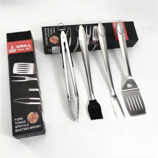 Professional Heavy Duty 14 Inch Stainless Steel BBQ Accessories 4-Piece Grill Tool Set for Outdoor, Portable Camping, and Grilling Cooking Utensils