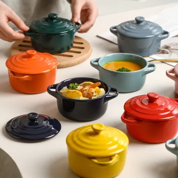Colorful Stoneware Pot with Lid and Ears - Waterproof Stew Pot & Soup Bowl for Baby