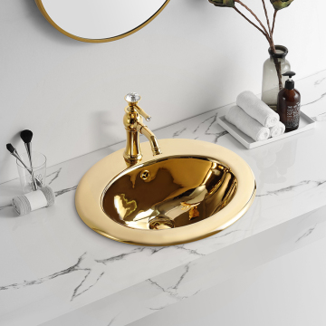 Luxury Modern Oval Ceramic Golden Semi-Counter Vanity Top for Hand Wash Basin