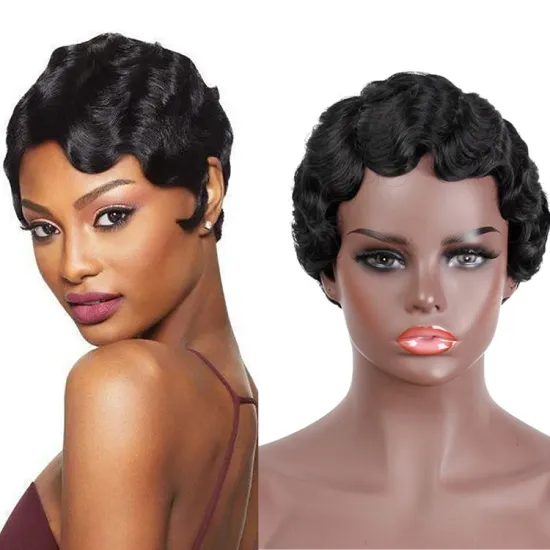 Vigorous Short Finger Wave Cheap Wigs For Women Hair Pixie Cut Machine Made  Synthetic  Wigs No Lace Front