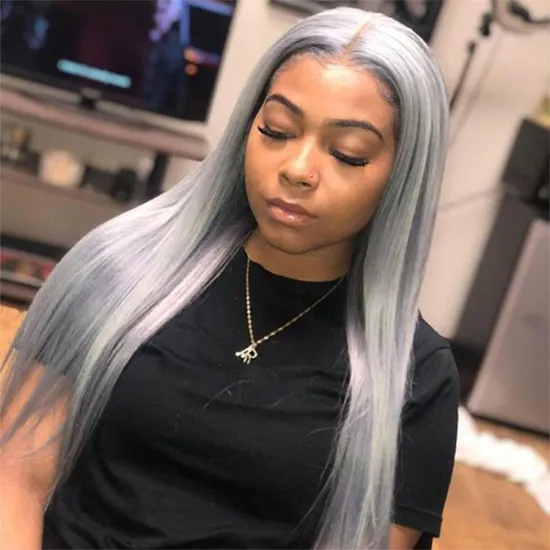 High Quality Grey Color 13X4 Transparent Lace Front Wig Pre-plucked Colored Silver Straight Human Hair Wigs