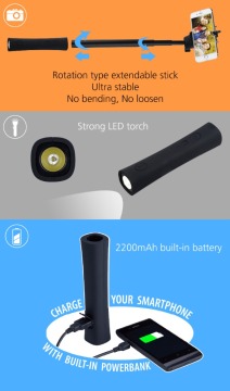 3 in 1 wireless bluetooth Selfie Stick with 2200mAh Rechargeable power bank can use as LED torch