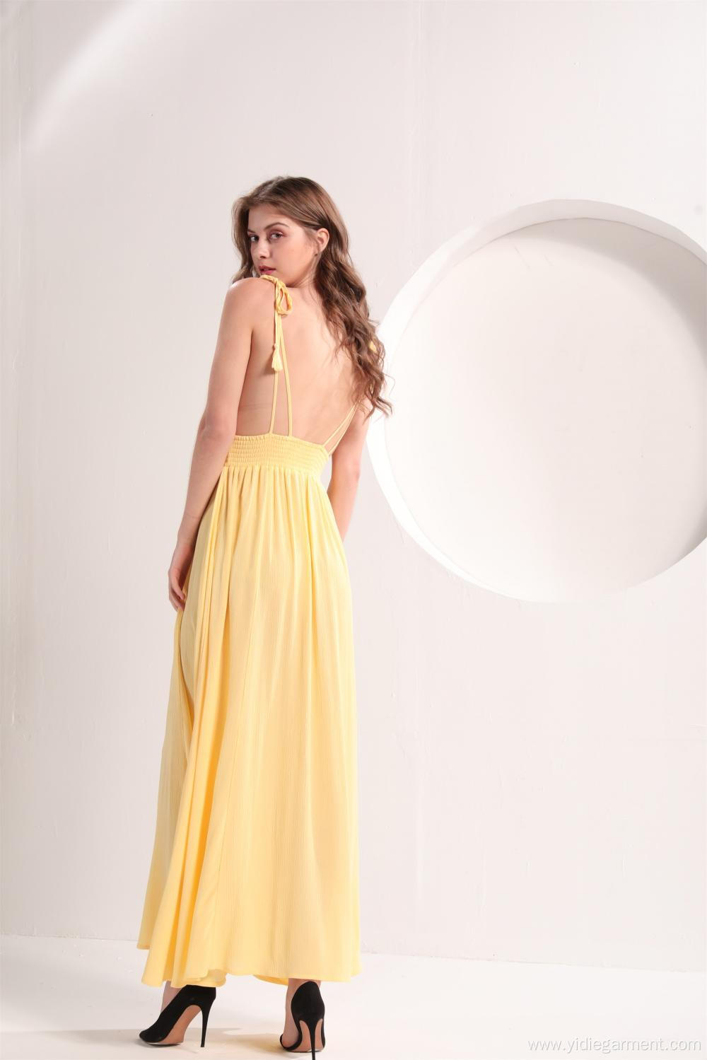 Ladies' Plunging V-neckline Yellow Dress