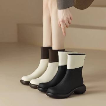 Retro Smoke Round Head Platform Ankle Boots with Muffin Bottom and Back Zipper