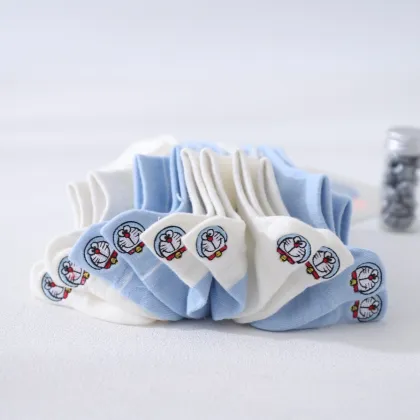 Robot Cat Embroidered Boat Socks