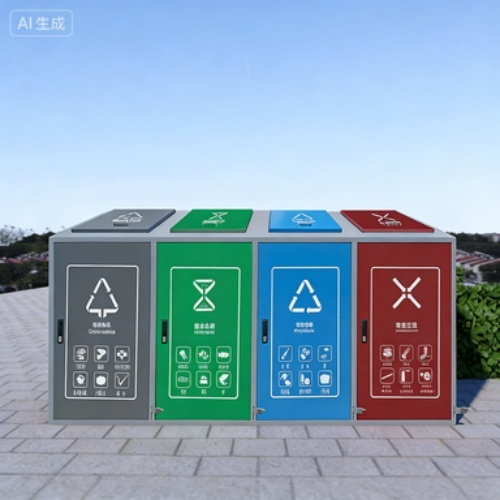 Stainless Steel 4-Compartment Waste Sorting Bin, Outdoor Public Intelligent Recycling Station