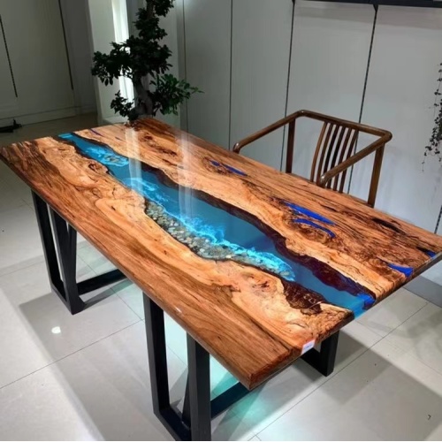 Solid Wood Dining Table Home Furniture Direct Solid Walnut Wood Restaurant Kitchen River Dining Table Epoxy Resin Slab Factory