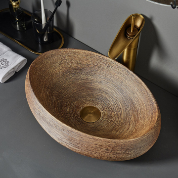 LJ24-066-074 Oval Wood Grain Bathroom Vessel Sink