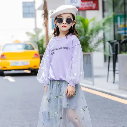 New 2 colors mesh stitching girls stylish knitted pullover sweater Letter printing children girls sweater