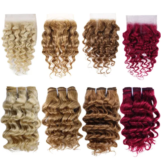 2022 New Trends Brazilian Human Hair Blend Bundles With Closure, Ombre Dyed Color Deep Wave Unprocessed Human Hair Weave Bundles