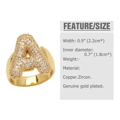 Copper Micro-Inlaid 26 English Letter Ring: Zircon Gold-Plated Open Ring for Women