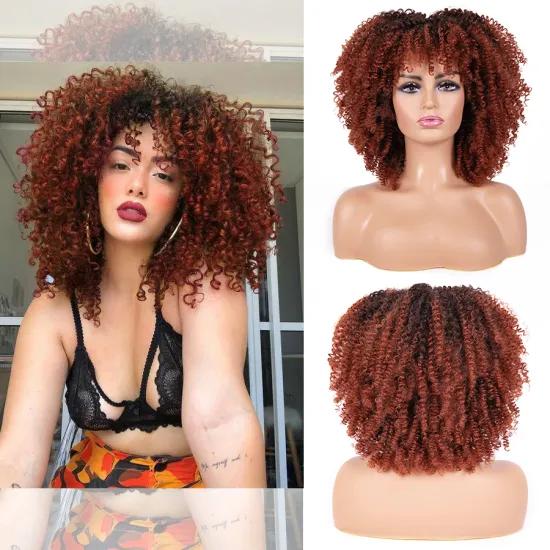 Full and Fluffy Bomb 14inch Short Curly Hair Wigs Afro Kinky Curly Wig with Bangs For Halloween Party Christmas Cosplay Daily