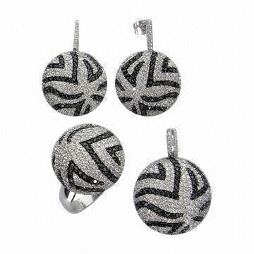 Silver Jewelry Sets with Cubic Zirconium Pave Setting, Black Rhodium and Rhodium Plating