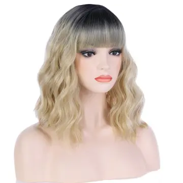 Wavy Blonde Ombre Synthetic Wigs Curly Short Bob Wig with Bangs Heat Resistant Hair 14" Shoulder Length Blond Wig for Women