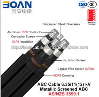 Hv ABC Cable, Aerial Bundled Cable, Al/XLPE/Cws/HDPE+Gsw, 3/C+1/C, 6.35/11 Kv (AS/NZS 3599.1)
