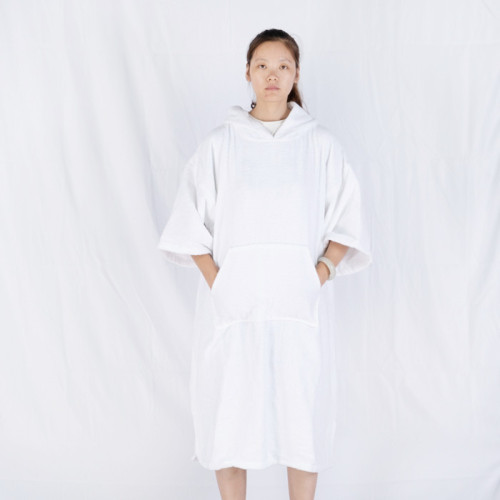 White cotton terry poncho robe embroidered logo