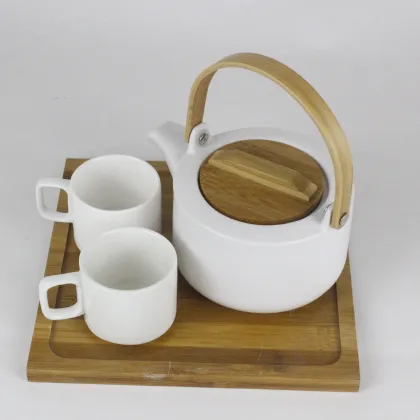 Modern White Porcelain Teapot with Bamboo Handle and Stainless Steel Infuser - 20Oz