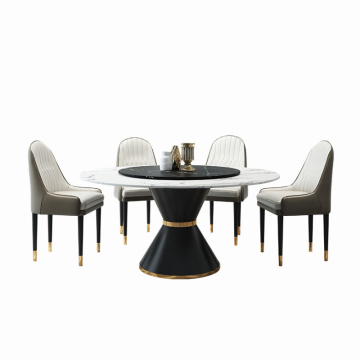 White Round Marble Top Dining Table Set with Turntable and 6 Chairs - Modern Luxury Style