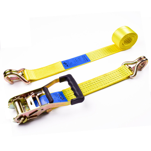 2" 5 Ton 50mm Rubber Handle Ratchet Buckle Tie Down Yellow Straps With 2 Inch Double J Hooks Safety Latch