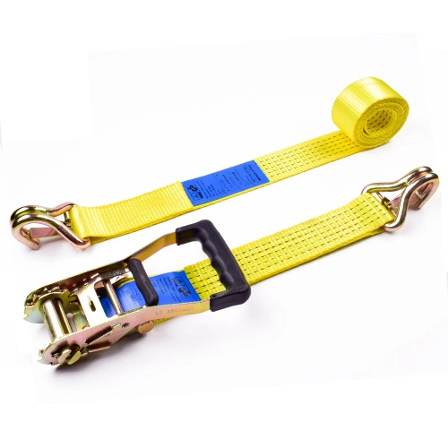 2 5 Ton 50mm Rubber Handle Ratchet Buckle Tie Down Yellow Straps With 2  Inch Double J Hooks Safety Latch China Manufacturer