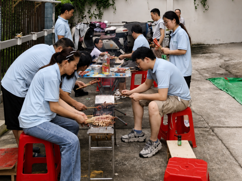 Our team preparing barbecue together outdoors